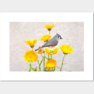 Tufted Titmouse Perched in a Marigold Flower Patch Posters and Art